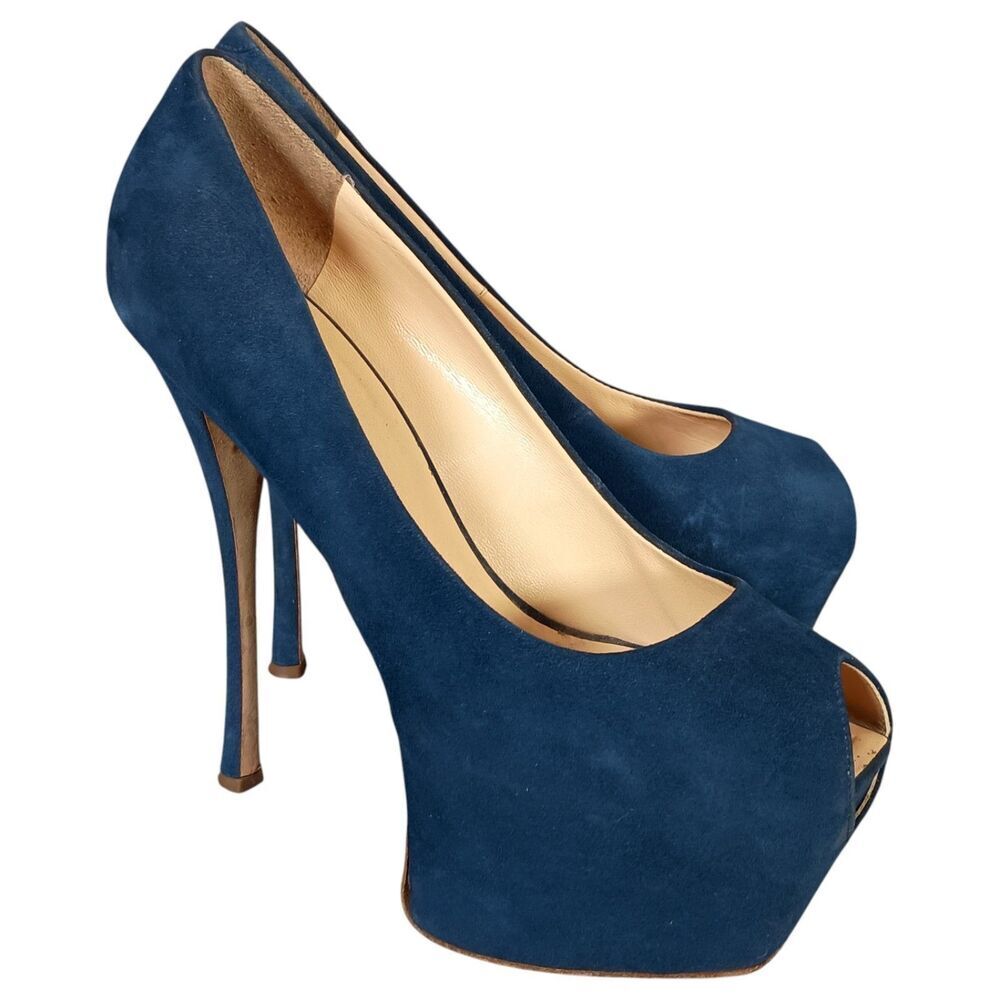 Giuseppe Zanotti Pumps Heels Platform Peep Toe Suede Blue Womens 40.5/US 10.5